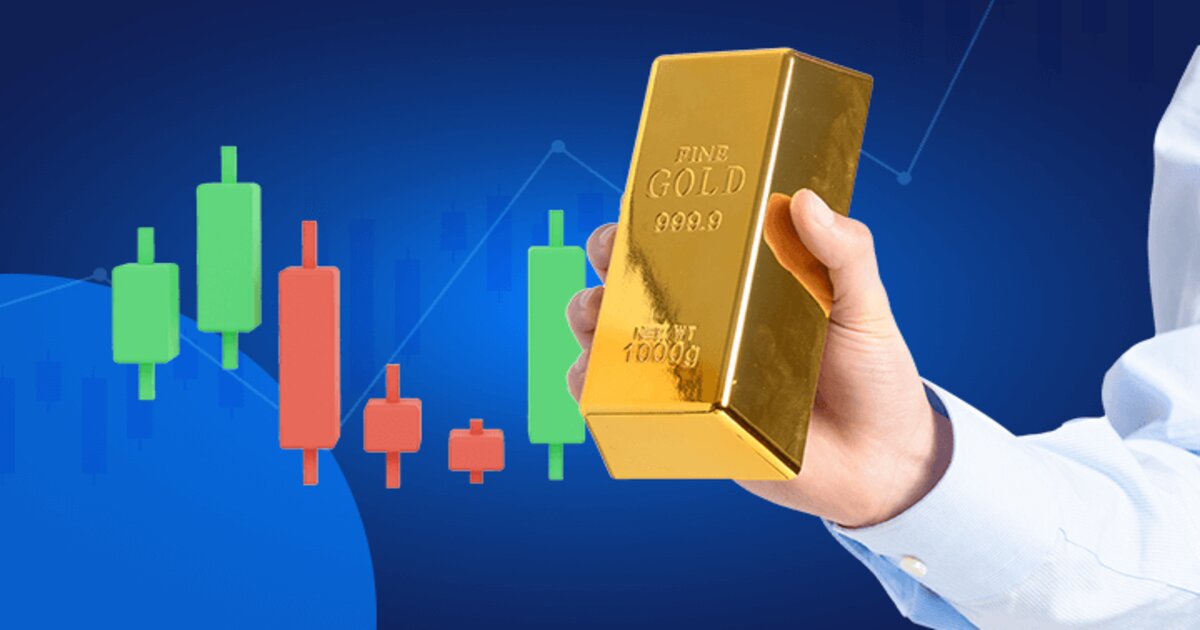 Gold-ETF – Hand hält Goldbarren vor einem Candlestick-Chart mit steigendem Kursverlauf