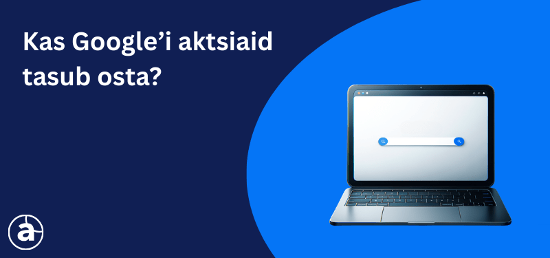 sülearvuti ja lause "Kas Google'i aktsiaid tasub osta?" sinisel taustal