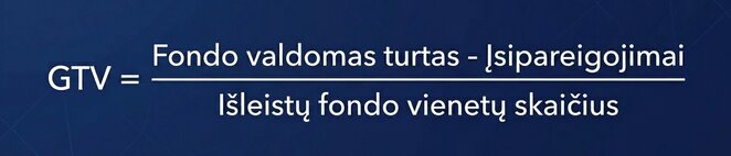 Mėlyname fone formulė: GTV = (Fondo valdomas turtas - Įsipareigojimai) / Išleistų fondo vienėtų skaičius