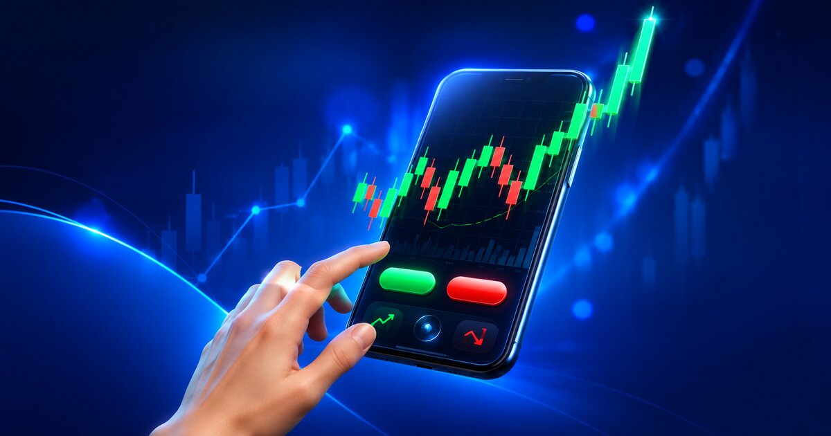 Smartphone mit Trading-Chart und Hand als Symbol für ein digitales Handelskonto