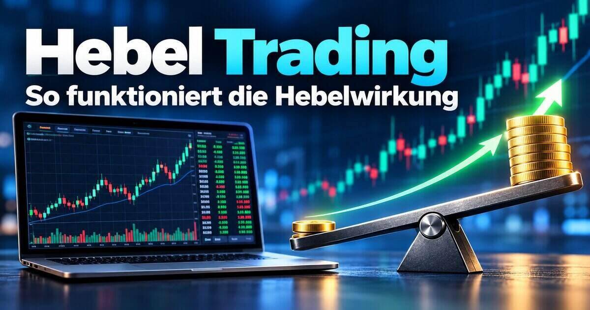 Hebel Trading mit Trading-Chart und visualisierter Hebelwirkung durch einen Hebel mit Münzen