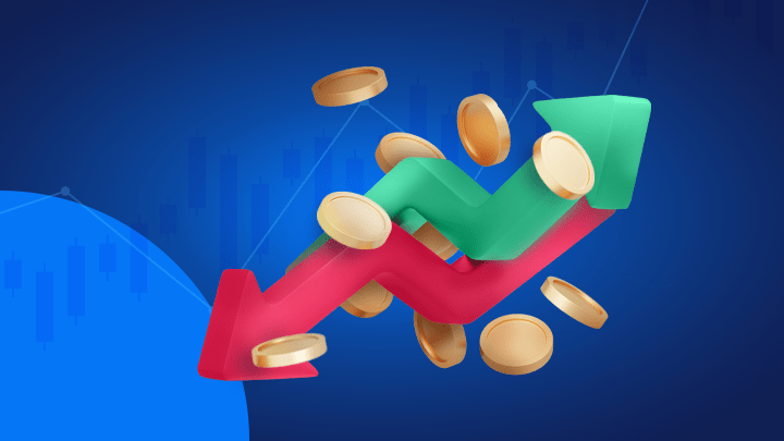 Sfondo blu con un grafico a linee e due frecce, una rossa che va verso il basso e una verde che va verso l'alto e tra esse ci sono monete senza alcun logo, a indicare l'hedging trading.