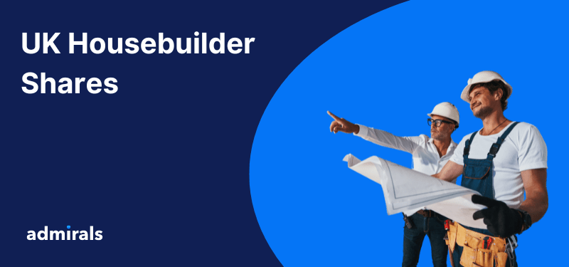 Two builders looking at building plans on a blue background, with white text reading "UK Housebuilder Shares".