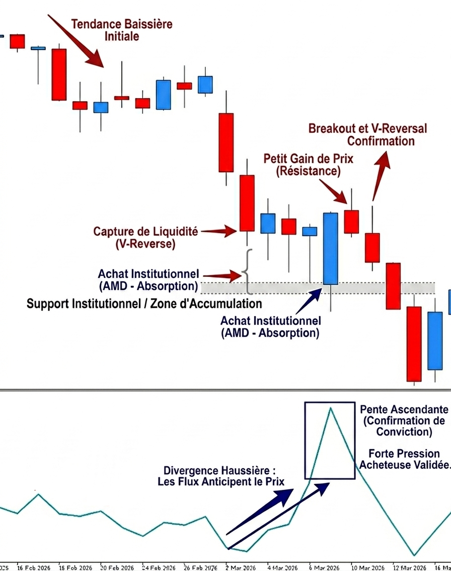Graphique EURUSD D1 montrant la divergence entre le prix et l'indicateur A/D