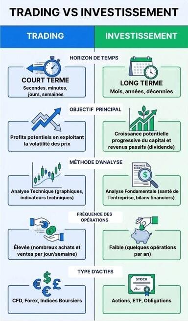 Infographie comparative entre le trading et l'investissement