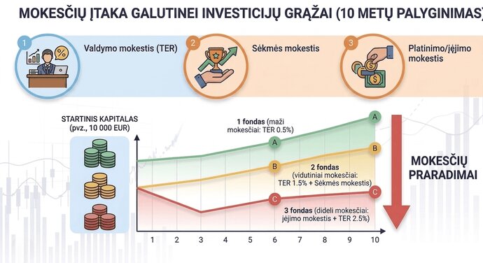 Iliustracinis grafikas su trimis kreivėmis, iliustruojančiomis, kaip mažėja galutinė investicinių fondų grąža, didėjant jų kaštams.