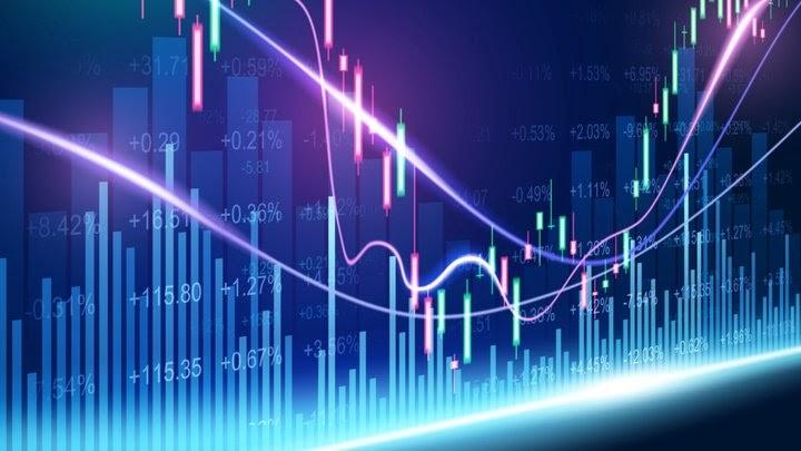 sfondo blu con all'interno un grafico di trading a candela, delle colonne di diversa altezza e diversi numeri preceduti dal segno + 