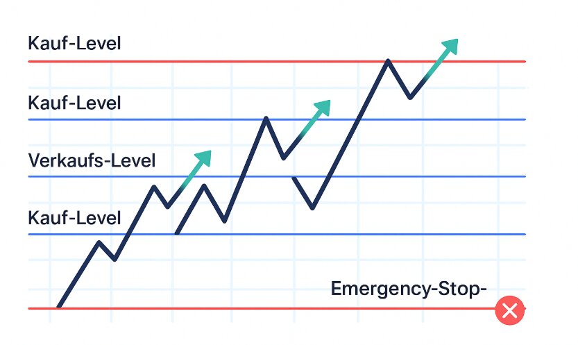 Schematische Grafik eines Kursverlaufs mit definierten Kauf- und Verkaufs-Levels, Pfeilen für mögliche Aufwärtsbewegungen sowie einem gekennzeichneten Emergency-Stop zur Risikobegrenzung.