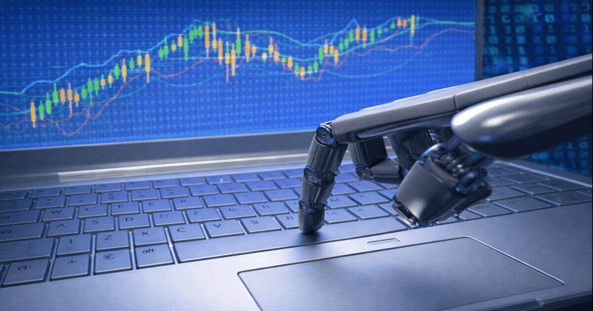 Illustration eines KI-basierten Trading-Roboters, der algorithmischen Handel und Marktanalysen auf einem Laptop darstellt