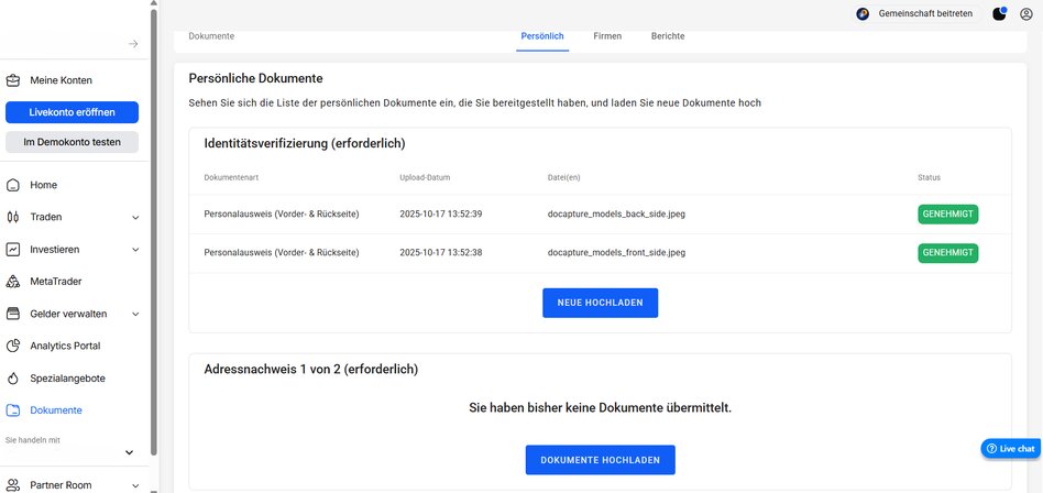 Screenshot der Kontoverifizierungsseite mit persönlichen Dokumenten-Uploads zur Identitäts- und Adressprüfung