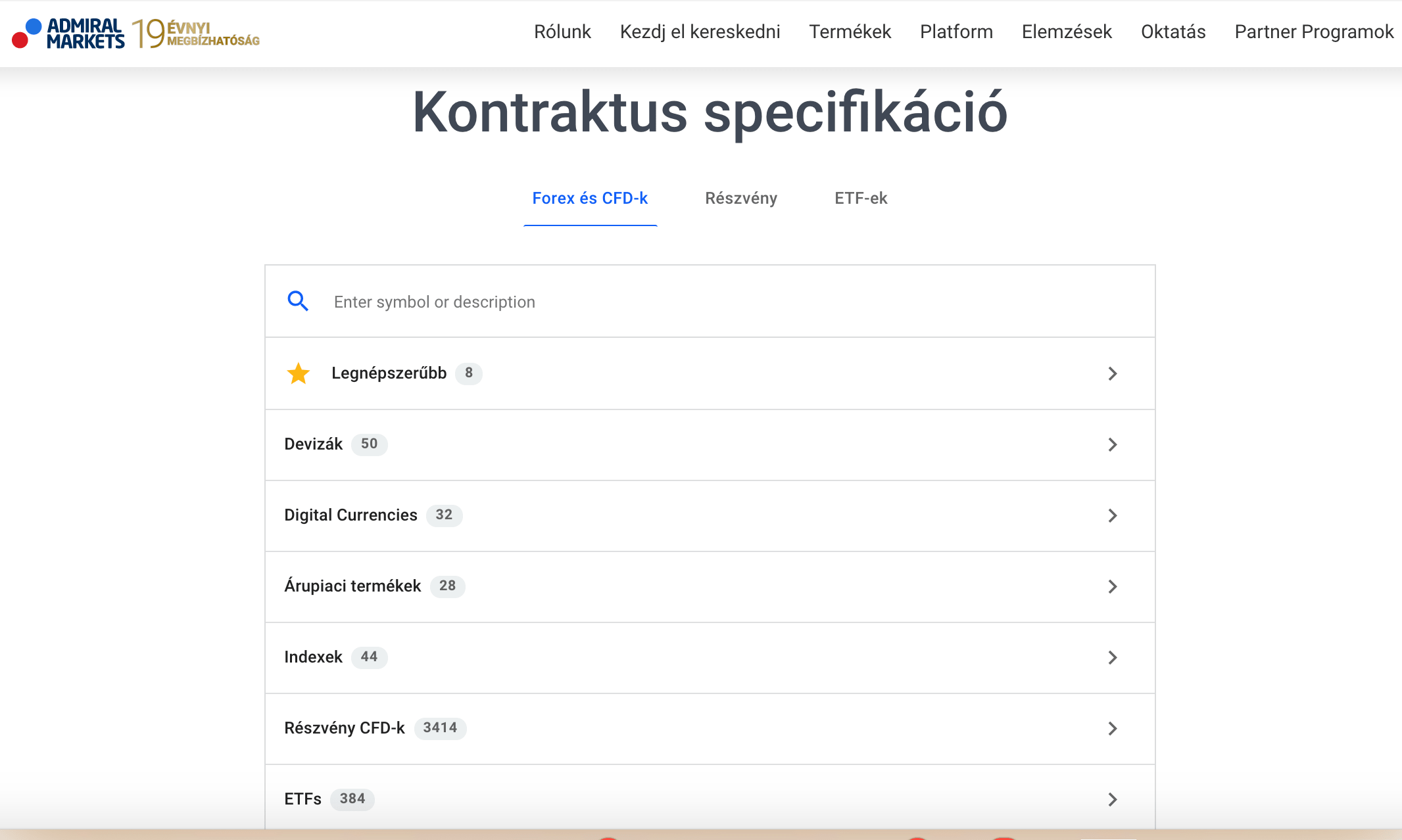 Admiral Markets kontraktus specifikáció