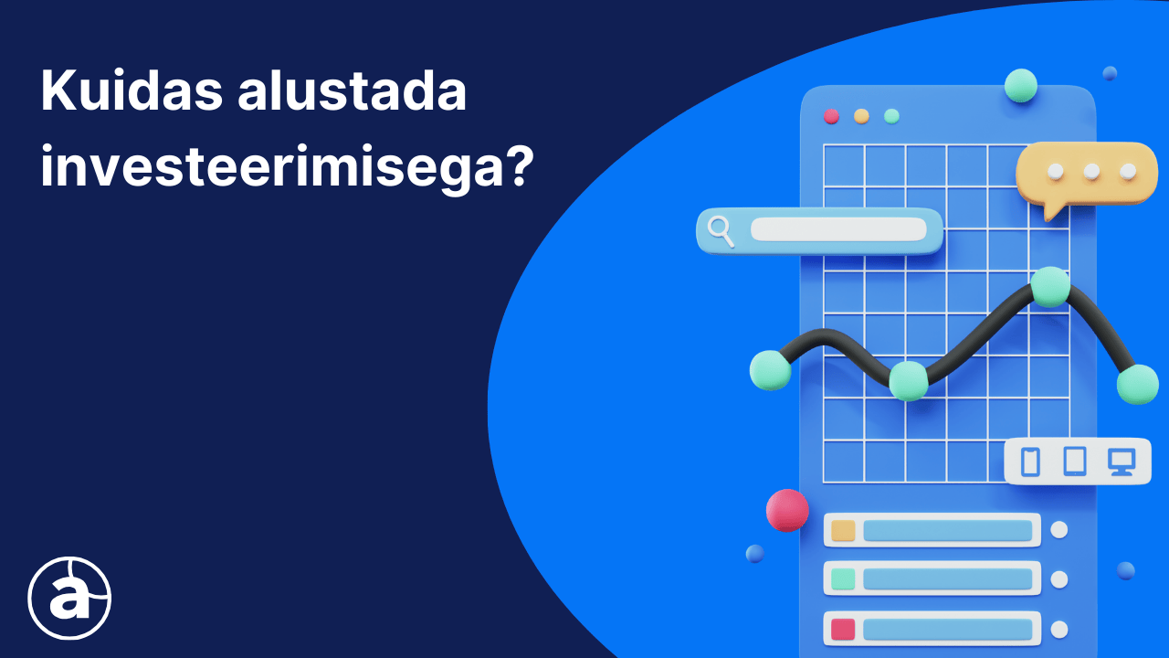 Lause "kuidas alustada investeerimisega" ja hinnagraafiku illustratsioon sinisel taustal