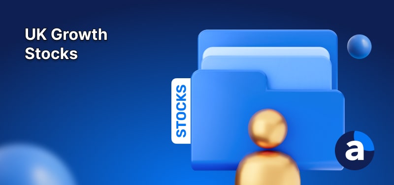 light blue folder on a dark blue background representing best uk growth stocks