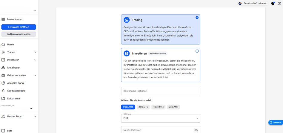 Screenshot der Plattform mit Auswahloptionen für ein Live-Trading- oder Investitionskonto, einschließlich der Kontotypen Trade.MT5 und Zero.MT5