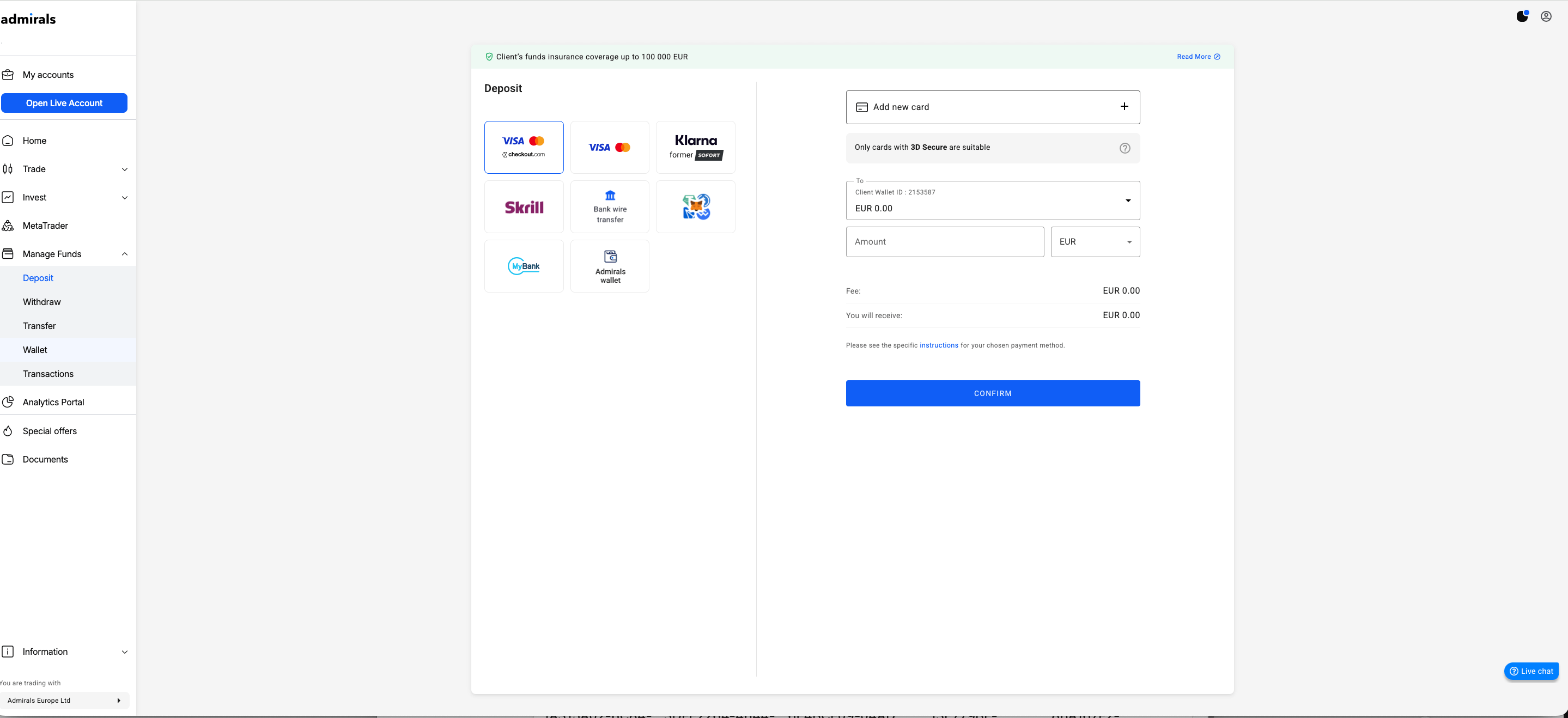 Admirals Dashboard befizetések és kifizetések