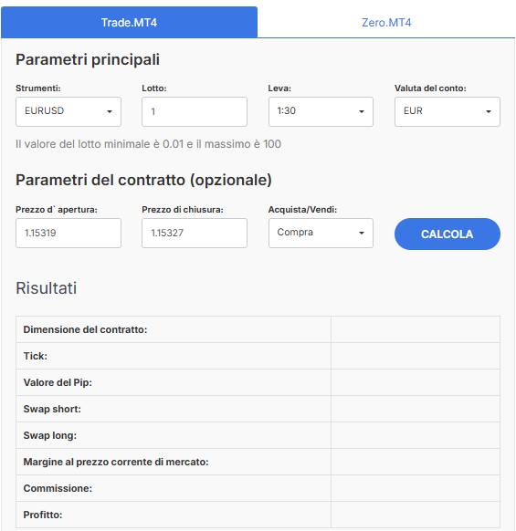 Scheda dalla calcolatrice Forex Admirals che rappresenta le scritte Trade.MT4 e Zero.MT4 e sotto Trade.MT4 ci sono le scritte in strumento EURUSD: Parametri principali; Paramentri del contratto e Risultati (in quest'ultima appare il Margine al prezzo corrente di mercato: calcolo del margine).
