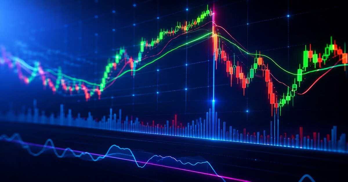 Candlestick-Chart mit Volumen und Indikatorlinien zur Erklärung des Market Facilitation Index