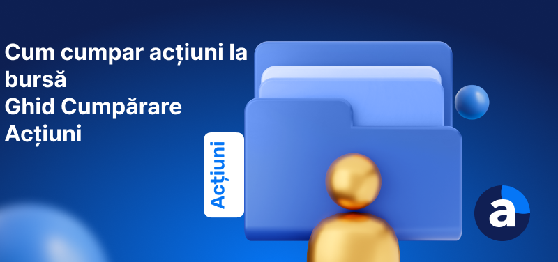 Ilustrație digitală cu titlul „Cum cumpăr acțiuni la bursă – Ghid Cumpărare Acțiuni”, reprezentând un dosar etichetat „Acțiuni” și un personaj stilizat, simbol al investitorului.