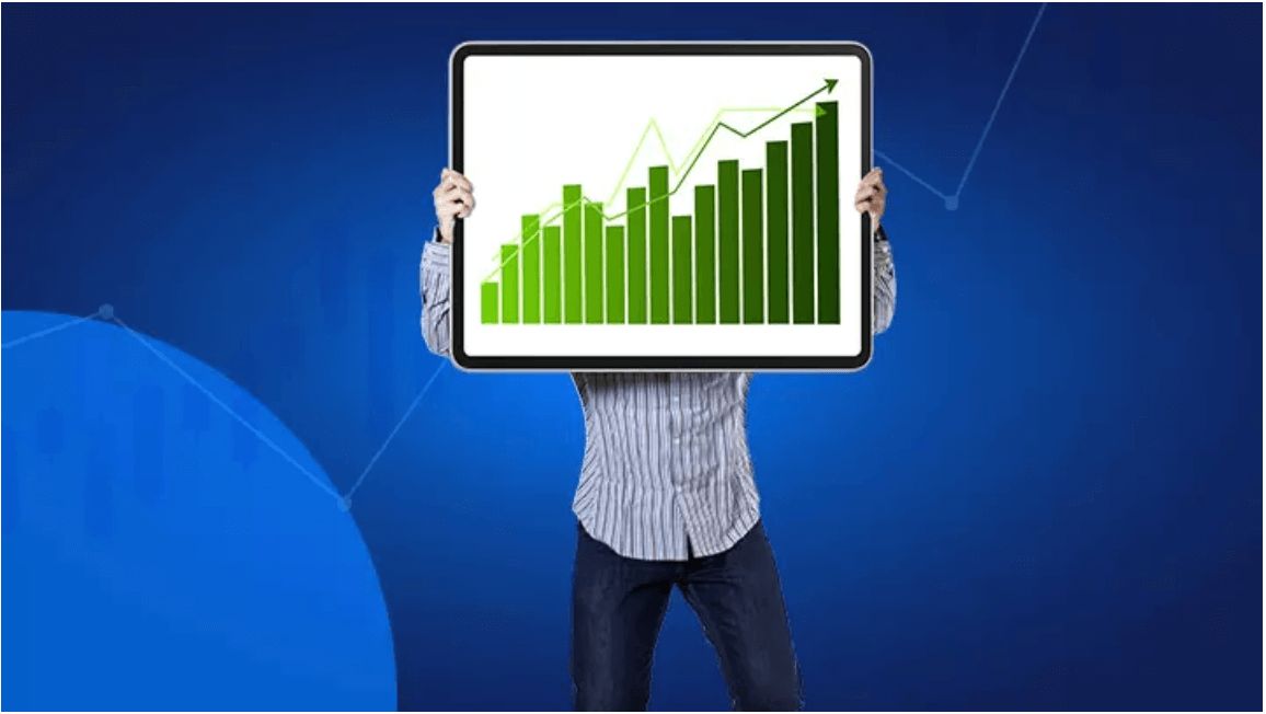 Imagen azul con grafico verde ascendente