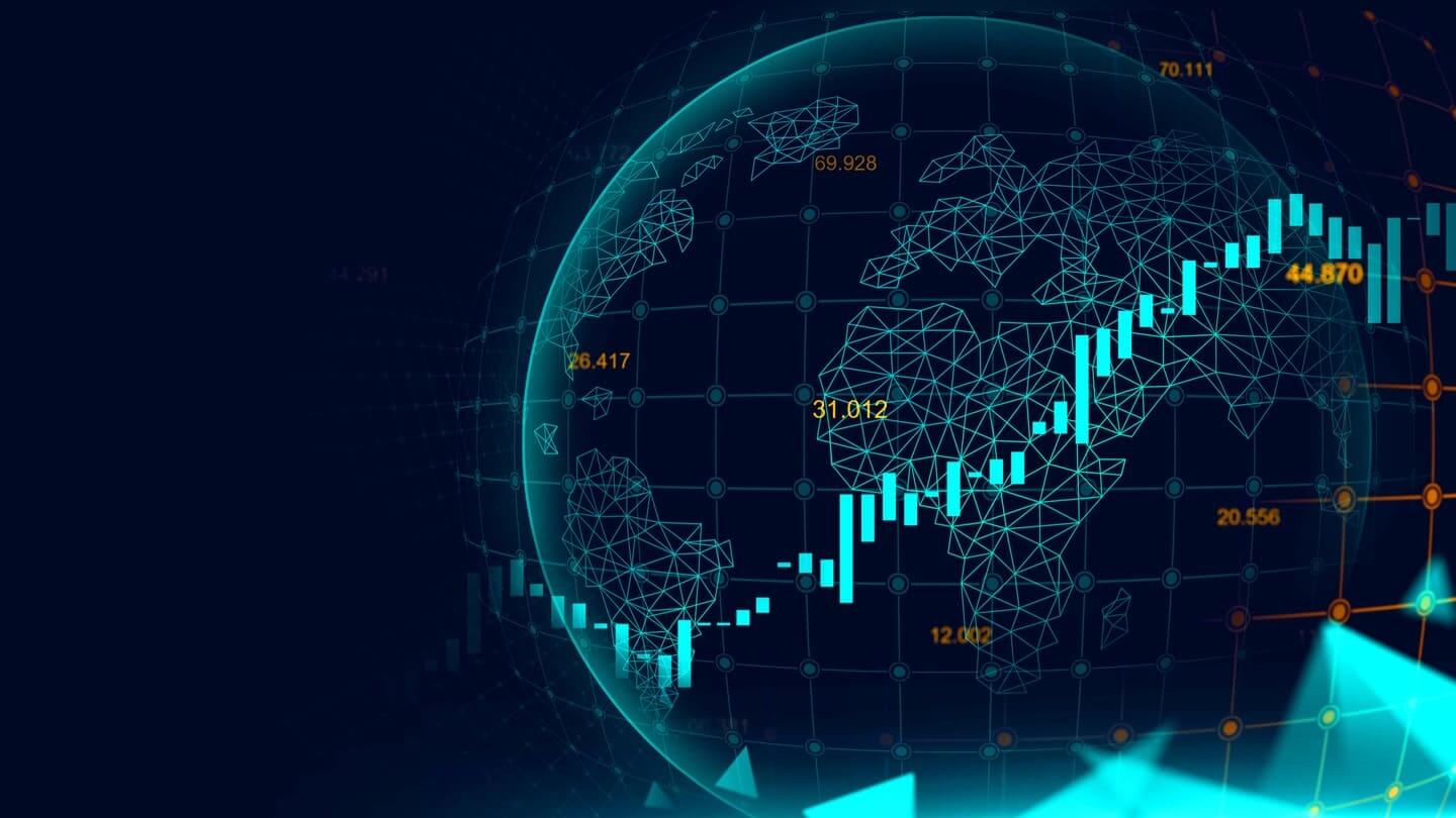 Imagem escura com o planeta terra e padrões gráficos indicando quais os melhores ETFs de mercados emergentes
