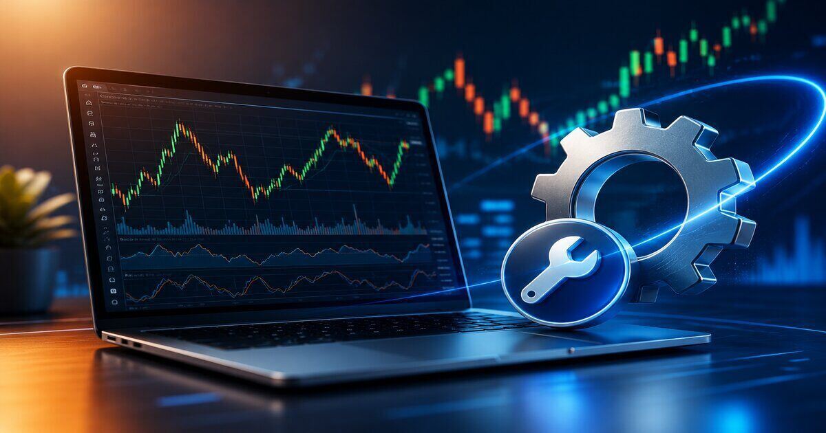Modernes Trading-Setup mit MetaTrader-4-Charts auf einem Laptop sowie Werkzeug- und Zahnradsymbolen zur Darstellung von MT4-Fehlerbehebung und Problemlösung im Trading.