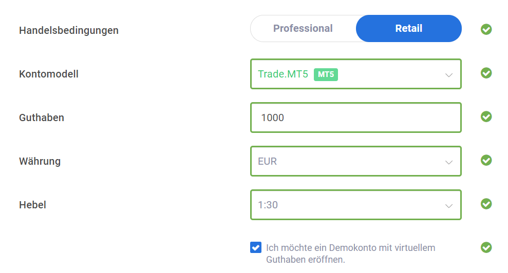 MetaTrader 5 Demokonto erstellen: Screenshot der MT5 Kontoeröffnung mit Guthaben, Hebel und Kontowährung in der Handelsplattform.