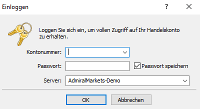 MetaTrader 5 Anmeldung: Screenshot des MT5 Login-Fensters mit Kontonummer, Passwort und Auswahl des Demo-Servers.