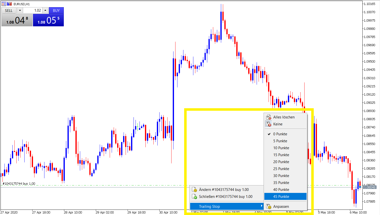 MetaTrader 5 Trailing Stop einstellen: Screenshot eines MT5 Charts mit Menü zur automatischen Anpassung des Stop Loss bei einer offenen Position.