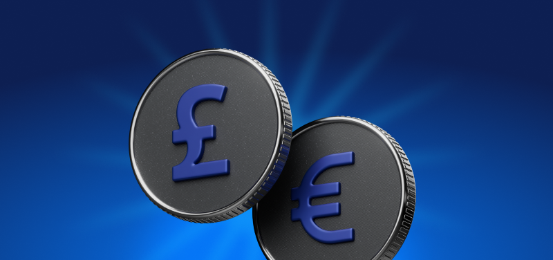 Moedas GBP EUR de frente uma para a outra