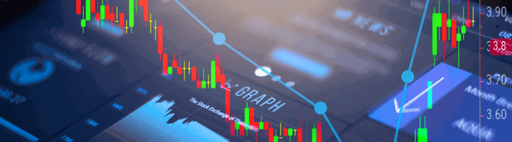 Sfondo dello schermo di un computer o di un telefono con all'interno un grafico trading a candela e un grafico a punti c he rappresenta il momentum trading