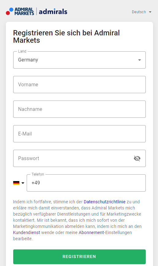 Admirals Registrierung