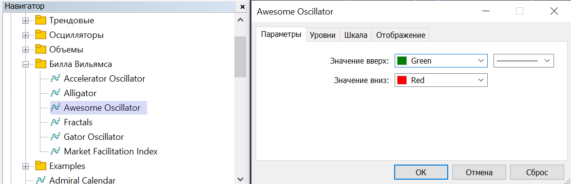настройки индикатора Awesome Oscillator в платформе MetaTrader 5