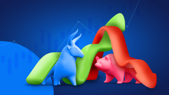 Um touro azul e um urso vermelho debaixo de um gráfico a comparar bull trap com bear trap