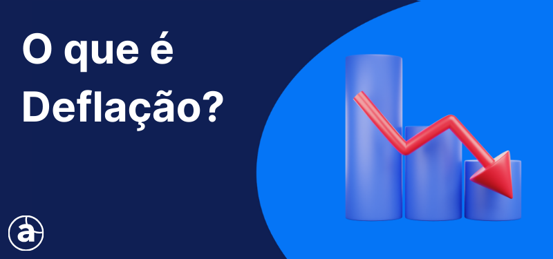 Gráfico em queda com seta vermelha descendente ao lado do texto “O que é Deflação?” em fundo azul, representando a redução geral dos preços na economia