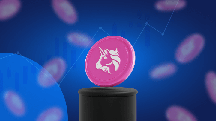 Símbolo de uma criptomoeda cor de rosa com um unicórnio explicando como comprar Uniswap