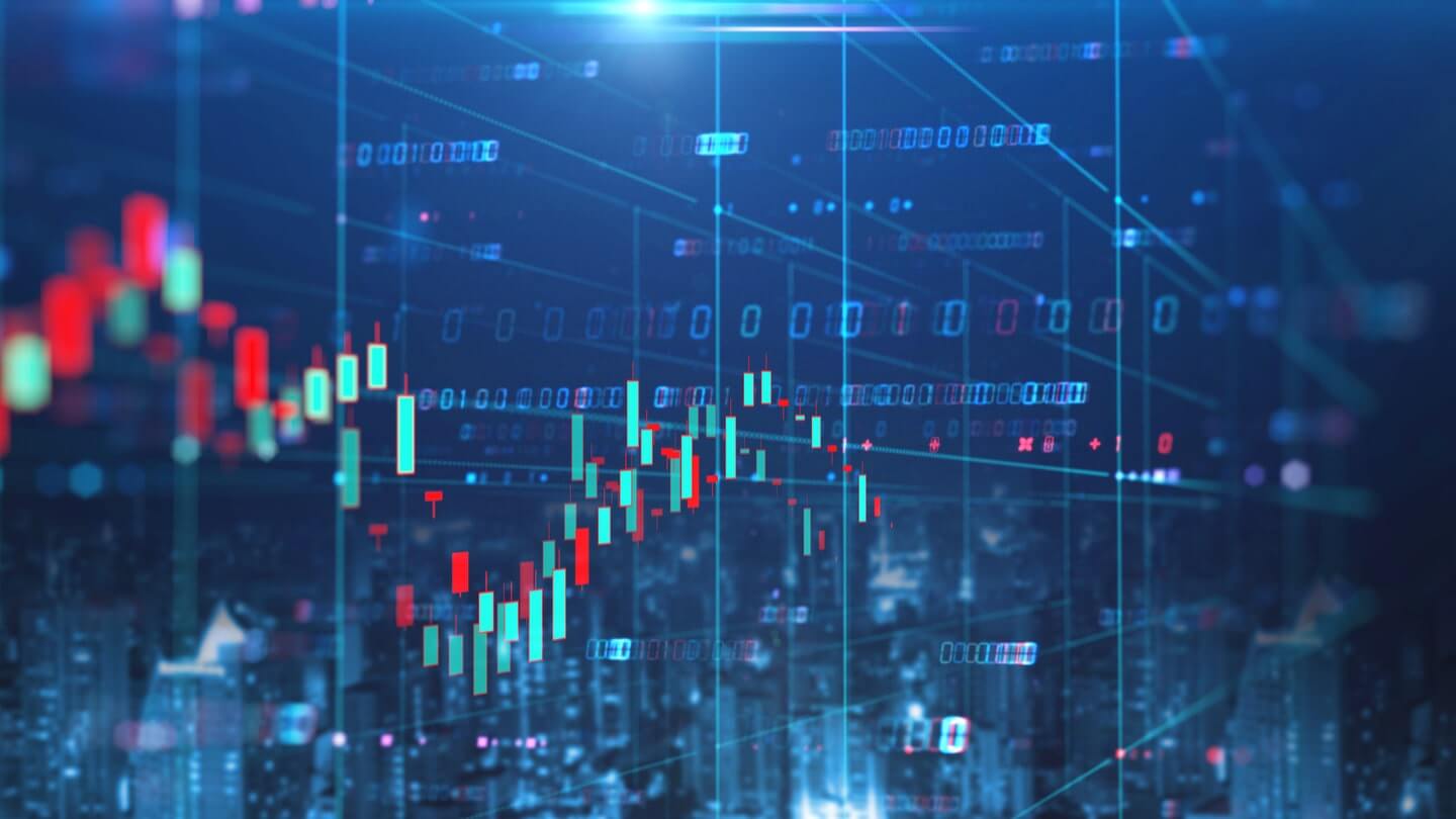 immagine che mostra delle candele giapponesi di trading colore rosso e verde che rappresentano l'indicatore onde di elliott
