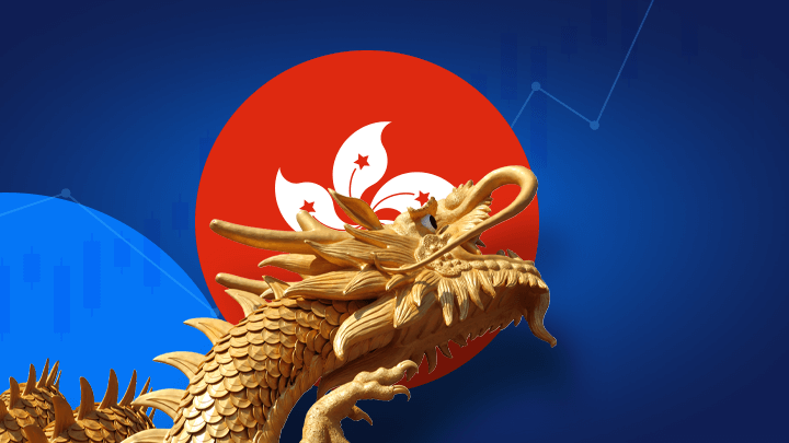 Dragão com a bandeira de Hong Kong representado a bolsa de Hong Kong