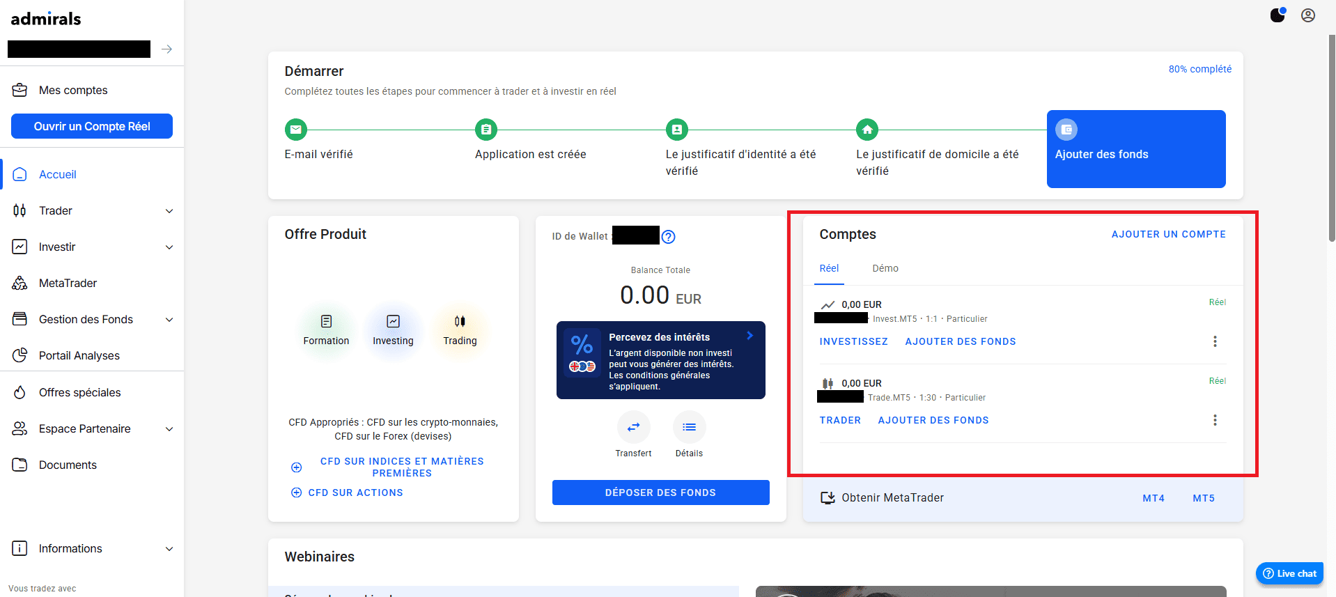 Dashboard Admirals avec les comptes ouverts
