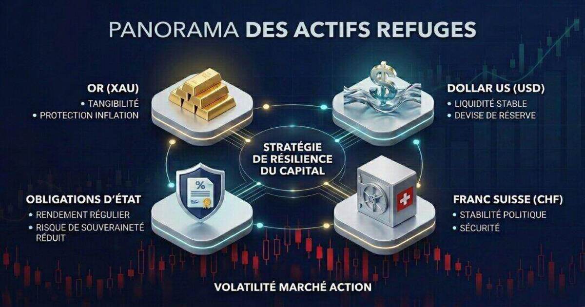 Schéma illustrant quatre classes d'actifs de réserve : l'Or pour la tangibilité, le Dollar pour la liquidité, le Franc Suisse pour la stabilité politique et les Obligations pour le rendement régulier, sur fond de volatilité des marchés actions.