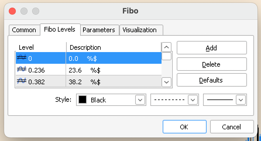 Fenêtre des paramètres de l'outil retracements de Fibo sur la plateforme de trading MetaTrader 4