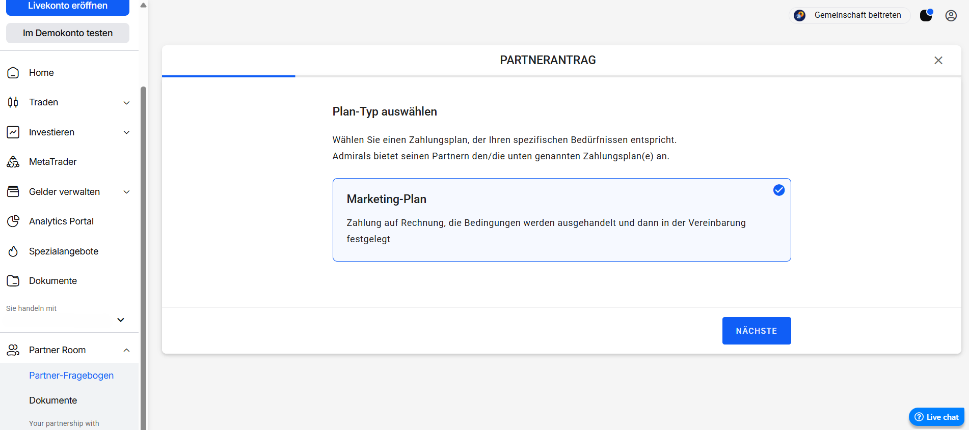 Screenshot des Partnerantrags mit Auswahl des Marketing-Plans als Zahlungsvereinbarung für Partner