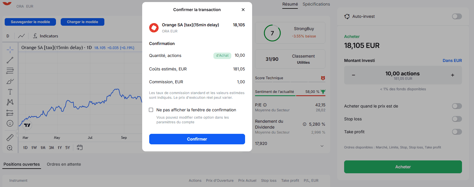 capture d'écran d'un ordre d'achat de 10 actions Orange avec le prix et la commission sur l'application Admirals