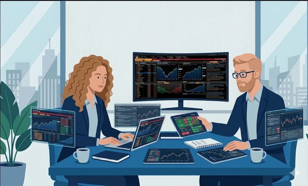 Sfondo di ufficio con due persone che hanno diversi pc e tablet aperti con grafici trading, a indicare le piattaforme trading.