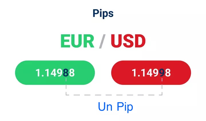 Sfondo bianco con casella verde che rappresenta EUR e pips EUR e una rossa che rappresenta USD e pips USD.