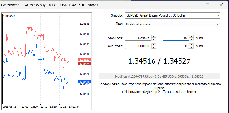 Schermata dalla piattaforma metatrader di un ordine su GBPUSD con valori pips.