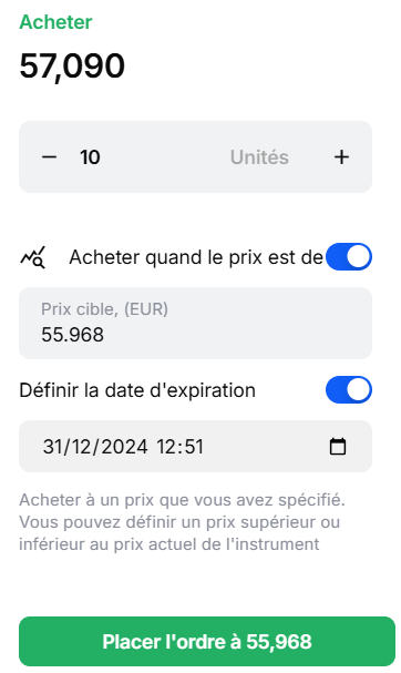 fenêtre d'un passage d'ordre sur le site Admirals, avec le prix, le nombre, le prix cible et la date d'expiration de l'ordre