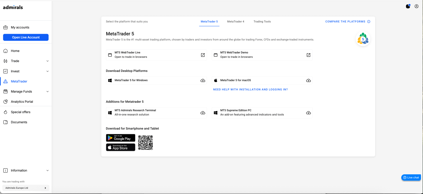 Admirals Dashboard kereskedési platform menü