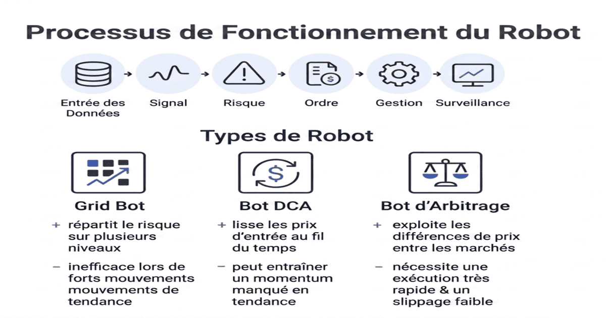 Schéma illustrant le fonctionnement des bots de trading, présentant les étapes suivantes : saisie des données, signal, risque, ordre, gestion et suivi, ainsi que les types de bots : bot « grid », bot « DCA » et bot « d'arbitrage ».