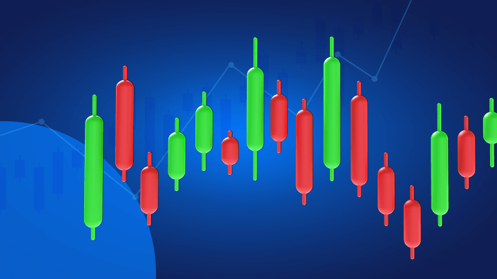 Voorbeeld van groene en rode candlesticks prijsgrafiek op een donkerblauwe achtergrond verwijzend naar pullbacks en throwbacks bij trading in aandelen en Forex.