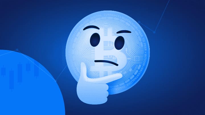 Emoji pensif en forme de coin avec le symbole du Bitcoin sur fond bleu